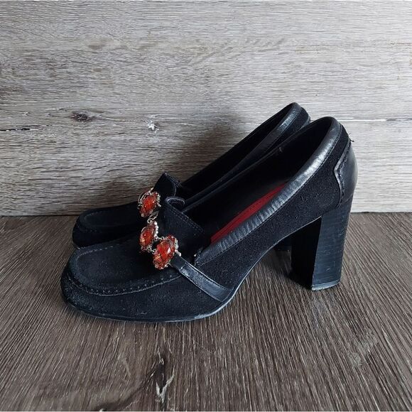 TOMMY GIRL BLACK SUEDE JEWELED HIGH HEEL LOAFERS 3.25" STACKED HEEL 7 - Picture 4 of 9